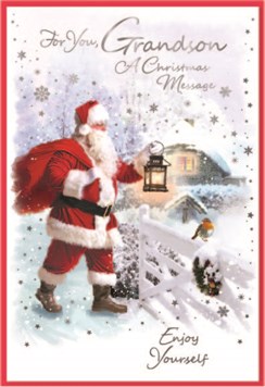 Grandson Christmas Card - Santa in Snow Robin on Gate with Foil 7.5x5.25"