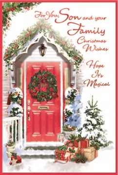 Son & Family Christmas Card - Wreath on Red Door in Snow with Red Foil 9x6''
