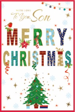 Son Christmas Card - Robin on Multicoloured Text Xmas Tree and Gold Foil 9x6"