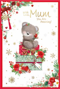 Mum Christmas Card - Cute Bear Sat on Presents with Roses & Gold Foil 9x6"