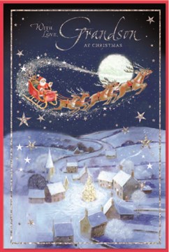 Grandson Christmas Card - Santa's Sleigh in the Night Sky with Sliver Foil 9x6" Grandson Christmas Card - Santa's Sleigh in the Night Sky with Sliver Foil 9x6"