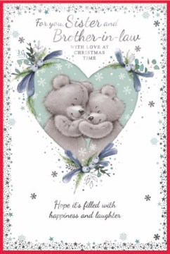 Sister & Brother-in-Law Christmas Card - Bears in Heart Blue Mistletoe Foil 9x6"