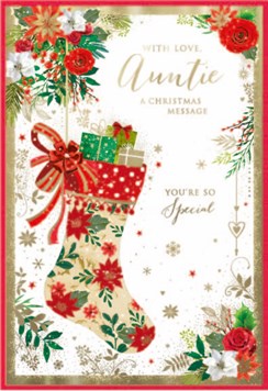 Auntie Christmas Card - Stocking and Flowers with Gold Foil 7.5x5.25"