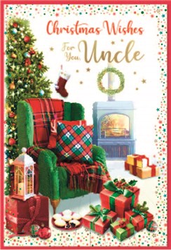 Uncle Christmas Card - Christmas Tree Chair Log Burner with Gold Foil 7.5x5.25"