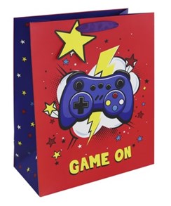 Large Gift Bag - Red Game On Games Controllers & Tag Ribbon Handle 13x10.25"