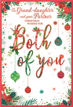 Granddaughter & Partner Christmas Card - Red Green Foil Baubles 7.5x5.5