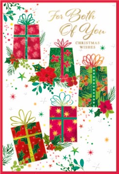 To Both of You Christmas Card - Red Green Gold Foil Presents & Holly 7.5x5.25"