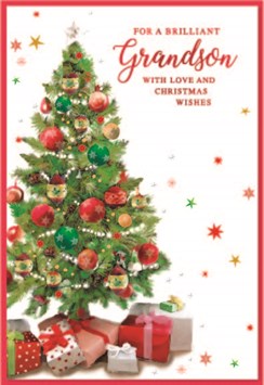 Grandson Christmas Card - Colourful Christmas Tree Holographic Foil 7.5x5.25"