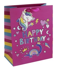 Large Children's Birthday Gift Bag - Rainbow Unicorn and Dino 13x10.5"