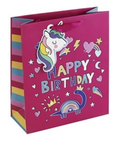 Medium Children's Birthday Gift Bag - Rainbow Unicorn and Dino 10x 8.5"