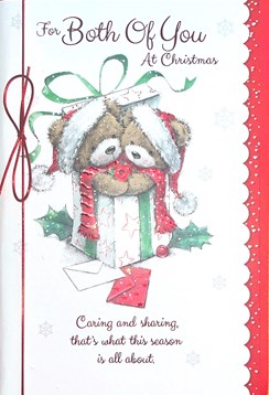 Both Of You Christmas Card - Bears in Gift Box with Rose Red Ribbon & Foil 9x6''