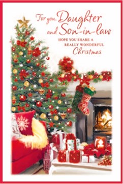 Daughter & Son-in-Law Christmas Card -  Xmas Tree and Fireplace Red Foil 9x6"