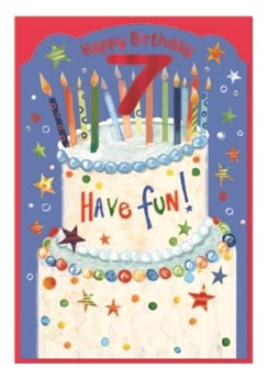 Age 7 Boy Birthday Card - Blue with Birthday Cake and Candles Red Foil 7.75x5.25