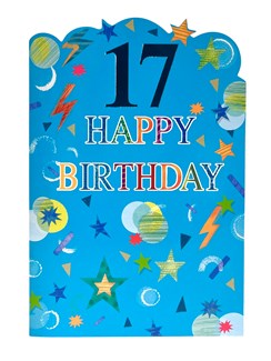Age 17 Birthday Card - 17th Birthday Blue with Shaped Top Stars & Foil 7.5x5.25" Age 17 Birthday Card - 17th Birthday Blue with Shaped Top Stars & Foil 7.5x5.25"