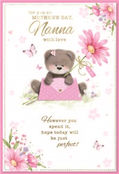 Nanna Mother's Day Card - Bear with Giant Pink Flower and Gold Foil 7.5x5.25" Nanna Mother's Day Card - Bear with Giant Pink Flower and Gold Foil 7.5x5.25"