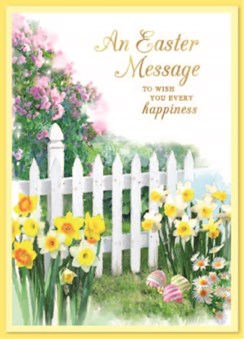 Easter Card - Picket Fence Spring Daffodils Daisies Decorated Eggs Gold Foil 7x5
