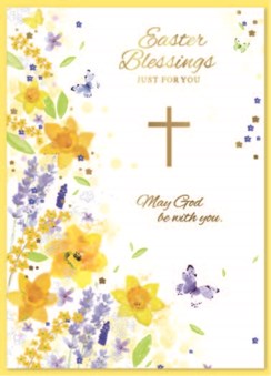 Easter Religious Blessings Card - Yellow Purple Flowers with Cross and Foil 7x5"