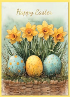 Happy Easter Card - Daffodil Flowers and Painted Eggs with Gold Foil 7x5" Happy Easter Card - Daffodil Flowers and Painted Eggs with Gold Foil 7x5"