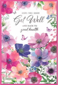 Get Well Soon Greetings Card - Butterflies Flowers with Silver Foil 7.75x5.25"