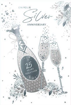 Silver 25th Wedding Anniversary Card - Foiled Champagne Flutes Flowers 7.5x5.25" Silver 25th Wedding Anniversary Card - Foiled Champagne Flutes Flowers 7.5x5.25"