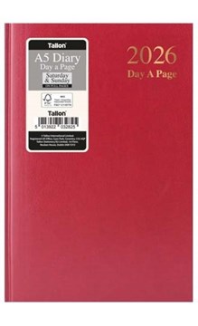 2026 A5 Page a Day Hardback Diary with Full Page Saturday Sunday - Red