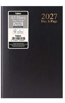 2027 A5 Page a Day Hardback Diary with Full Page Saturday Sunday - Black