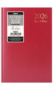 2026 A4 Page a Day Hardback Diary with Full Page Saturday Sunday - Red