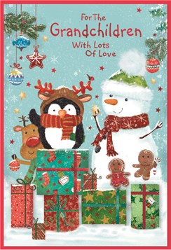 Grandchildren Christmas Card - Snowman and Friends with Gifts & Red Foil 7.5x5