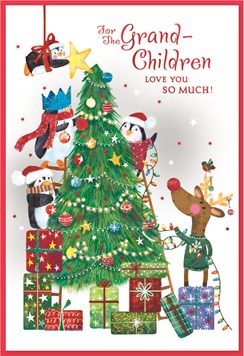 Grandchildren Christmas Card - Penguins Decorating Tree with Red Foil 7.5x5.5"