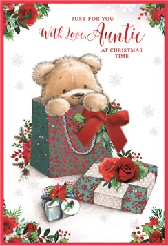 Auntie Christmas Card - Bear in Holly Gift Bag with Flowers & Red Foil 7.5x5.25