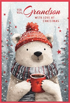 Grandson Christmas Card - Polar Bear Hat and Scarf with Red Mug & Foil 7.5x5.25"
