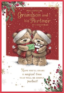 Grandson & Partner Christmas Card - Bears in Santa Hats & Gold Foil 7.5x5.5