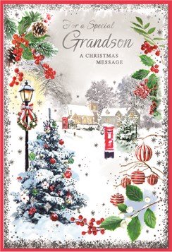 Grandson Christmas Card - Christmas Tree Village Scene and Silver Foil 7.5x5.25"