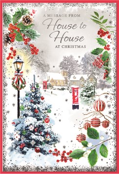 Our House To Your House Christmas Card - Xmas Tree Village Scene & Foil 7.5x5.25