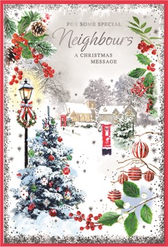 Special Neighbours Christmas Card - Xmas Tree Village Scene Silver Foil 7.5x5.25