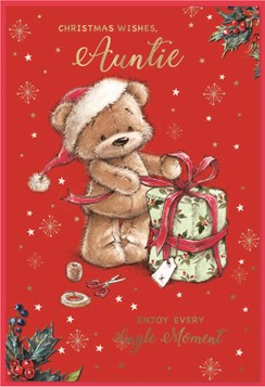 Auntie Christmas Card - Santa Bear Wrapping Gift and Gold Foil 7.5x5.25"