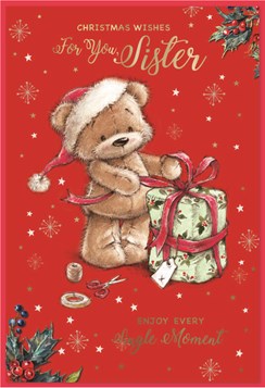 Sister Christmas Card -  Santa Bear Wrapping Gift and Gold Foil 7.5x5.25"