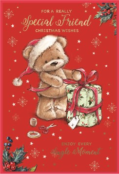 Special Friend Christmas Card - Santa Bear Wrapping Gift and Gold Foil 7.5x5.25"