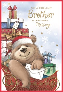 Brother Christmas Card - Bear in Sleigh with Gifts and Gold Foil 7.5x5.25"
