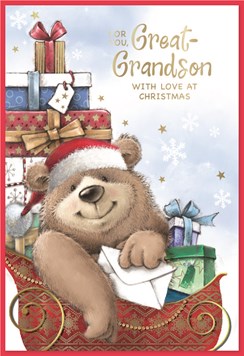 Great-Grandson Christmas Card - Bear in Sleigh with Gifts & Gold Foil 7.5x5.25"