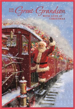 Great Grandson Christmas Card - Santa and Steam Train with Red Foil 7.25x5.5"