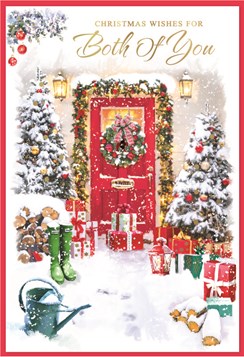 Both of You Christmas Card - Wreath & Garland on Door in Snow Gold Foil 7.5x5.25