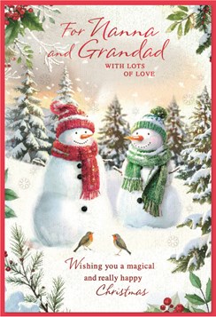 Nanna & Grandad Christmas Card - Snowman Couple with Robins & Red Foil 7.5x5.25"