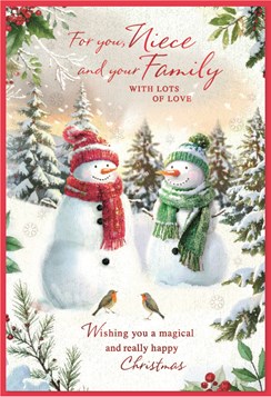 Niece & Family Christmas Card - Snowman Couple with Robins & Red Foil 7.5x5.25"