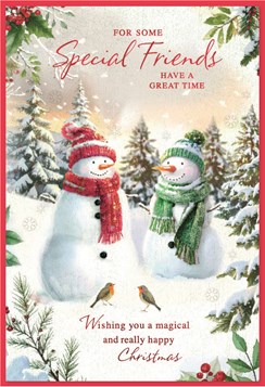 Special Friends Christmas Card - Snowman Couple with Robins & Foil 7.5x5.25"