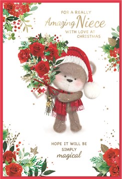 Niece Christmas Card - Bear with Red Rose Bouquet and Gold Foil 7.5x5.25"