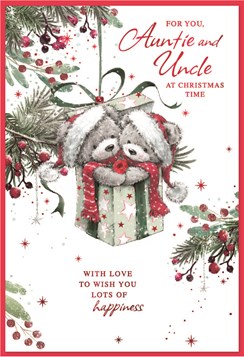 Auntie & Uncle Christmas Card - Bears in Gift Box on Tree with Red Foil 7.5x5.25