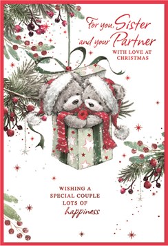 Sister & Partner Christmas Card - Bears in Gift Box on Tree with Red Foil 7.5x5.