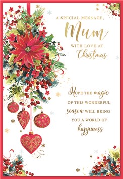 Mum Christmas Card - Red Flowers Berries Baubles with Gold Foil 7.5x5.5"