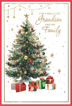 Grandson & Family Christmas Card - Xmas Tree Gold Red Green Baubles & Foil 7.5x5
